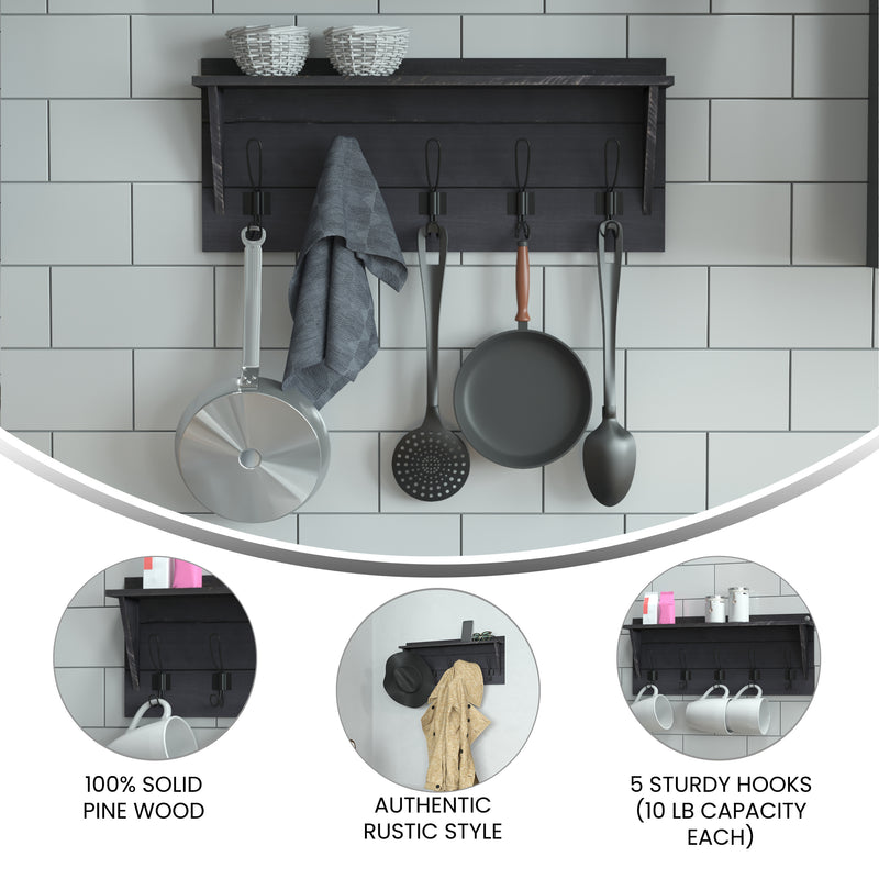 Enid Black Wash Pine Wood 24 Inch Wall Mount Storage Rack with Hanging Hooks and Upper Display Shelf