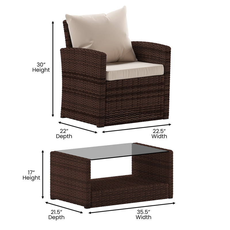 Atlas 4 Piece Patio Set Contemporary Loveseat, 2 Chair and Coffee Table Set with  Back Pillows and Seat Cushions