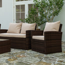 Atlas 4 Piece Patio Set Contemporary Loveseat, 2 Chair and Coffee Table Set with  Back Pillows and Seat Cushions