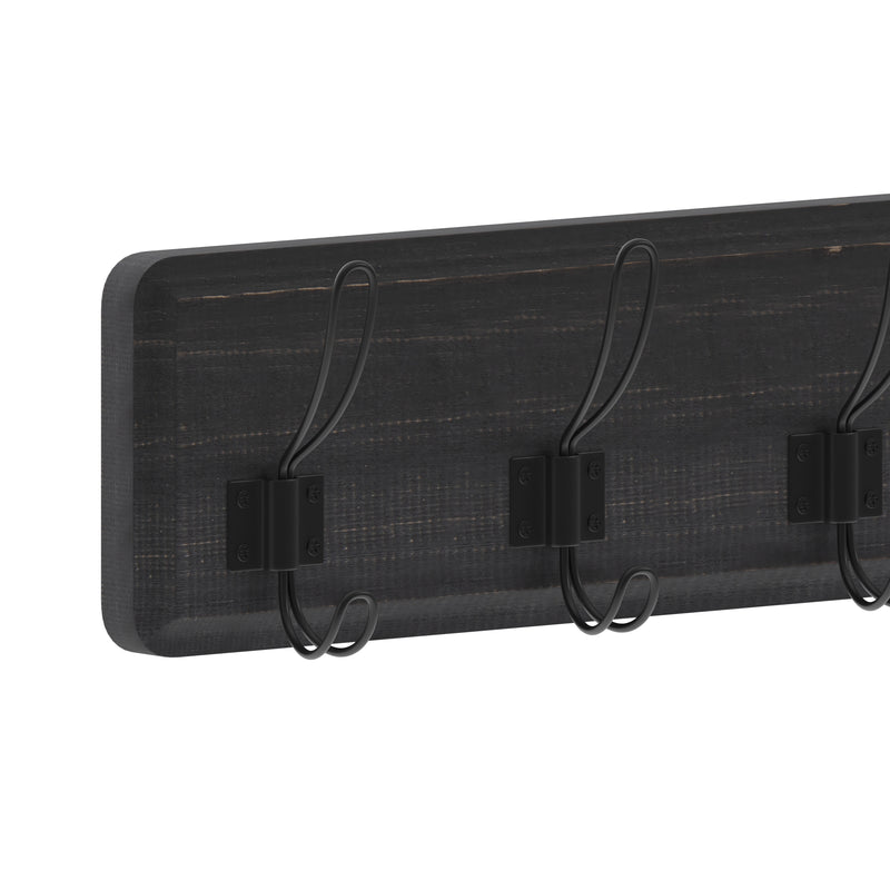 Enid 24 Inch Wall Mount Black Wash Pine Wood Storage Rack with Hanging Hooks, Entryway, Kitchen, Bathroom