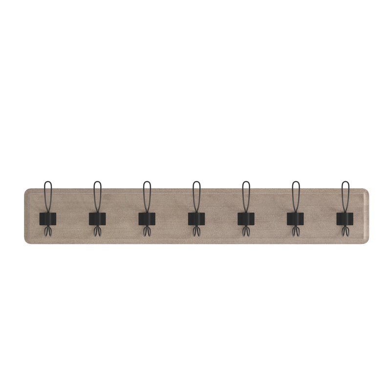 Enid 34 Inch Wall Mount Pine Wood Storage Rack with Hanging Hooks, Entryway, Kitchen, Bathroom