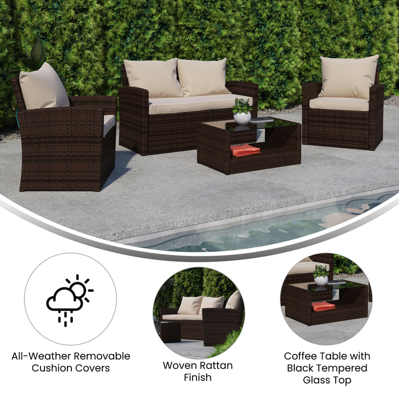 Atlas 4 Piece Patio Set Contemporary Loveseat, 2 Chair and Coffee Table Set with  Back Pillows and Seat Cushions