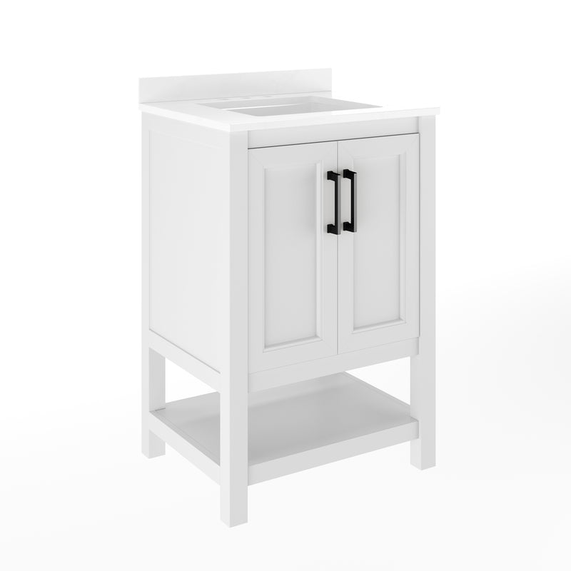 Vigo 24 Inch Bathroom Vanity with Ceramic Sink, Carrara Marble Finish Countertop, Storage Cabinet with Soft Close Doors and Open Shelf