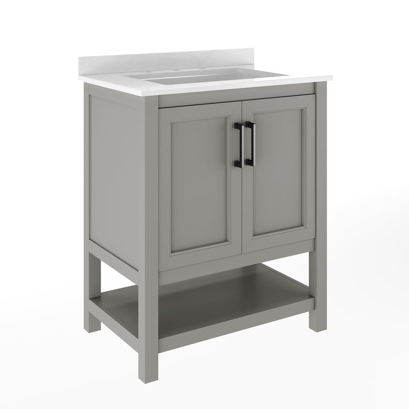 Vigo 30 Inch Bathroom Vanity with Ceramic Sink, Carrara Marble Finish Countertop, Storage Cabinet with Soft Close Doors and Open Shelf
