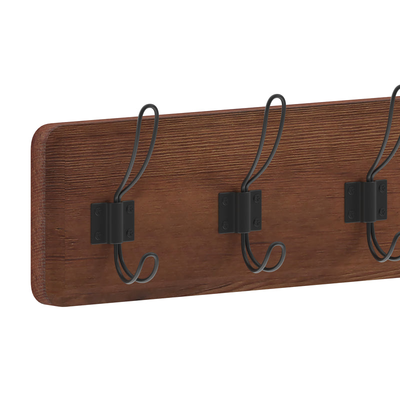 Enid 34 Inch Wall Mount Pine Wood Storage Rack with Hanging Hooks, Entryway, Kitchen, Bathroom