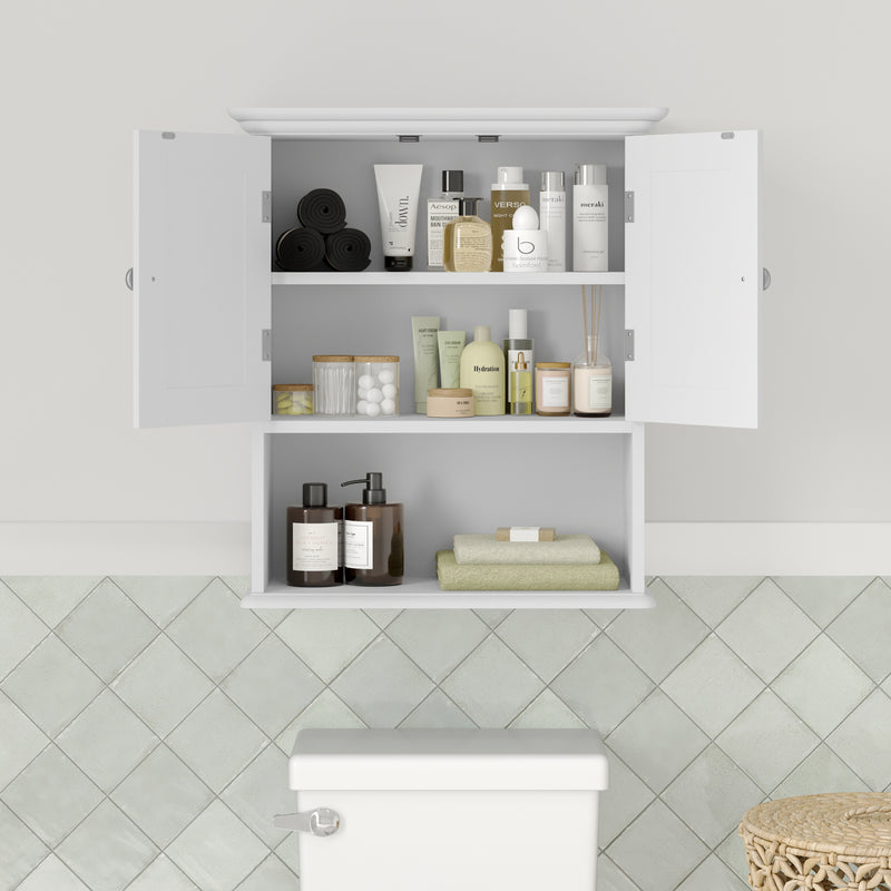 Delilah Wall Mounted Bathroom Medicine Cabinet with Adjustable Cabinet Shelf, Lower Open Shelf, and 2 Magnetic Closure Doors