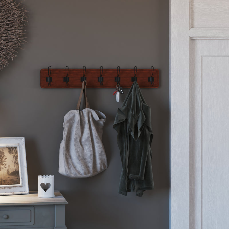 Enid 34 Inch Wall Mount Pine Wood Storage Rack with Hanging Hooks, Entryway, Kitchen, Bathroom
