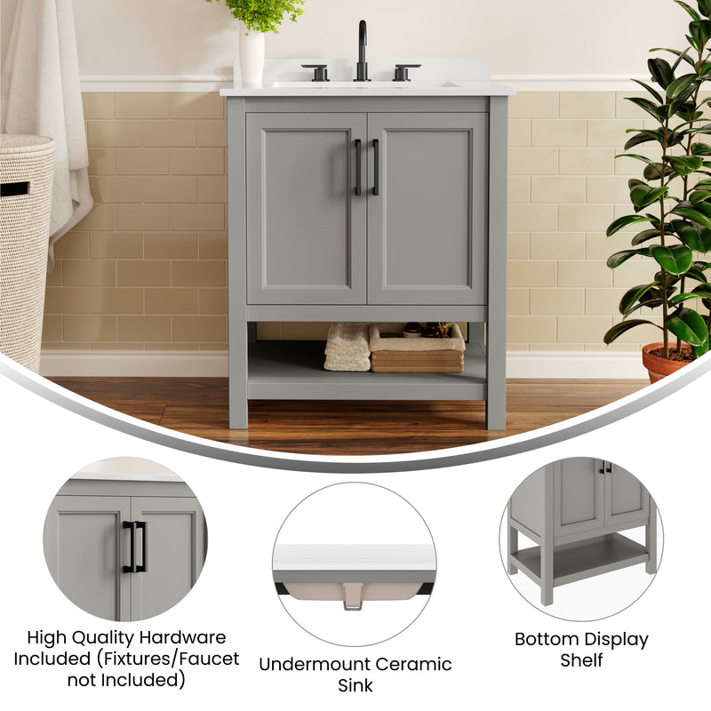 Vigo 30 Inch Bathroom Vanity with Ceramic Sink, Carrara Marble Finish Countertop, Storage Cabinet with Soft Close Doors and Open Shelf