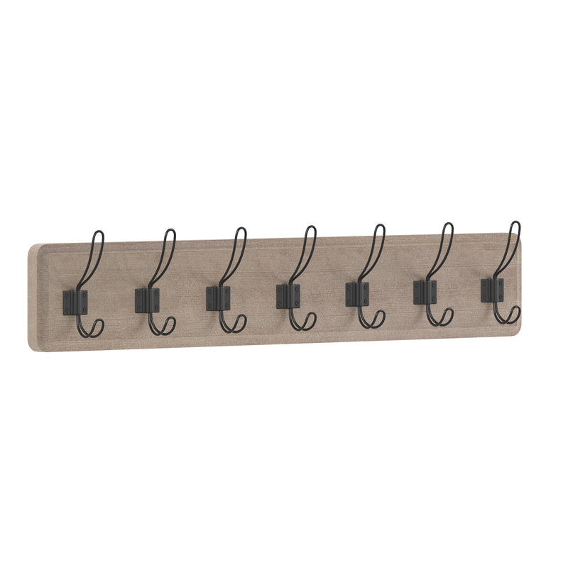 Enid 34 Inch Wall Mount Pine Wood Storage Rack with Hanging Hooks, Entryway, Kitchen, Bathroom