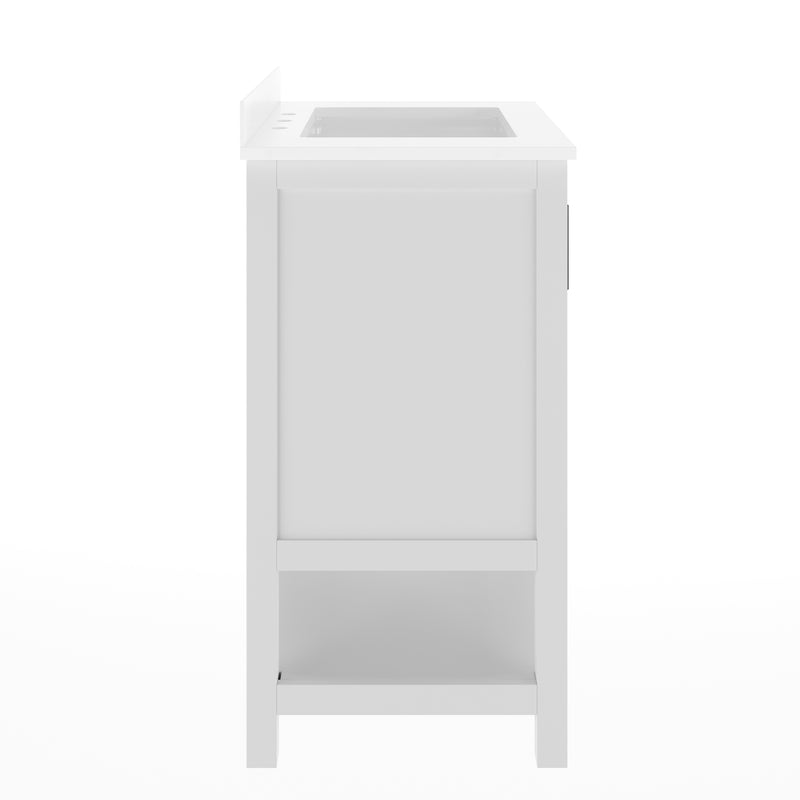 Vigo 30 Inch Bathroom Vanity with Ceramic Sink, Carrara Marble Finish Countertop, Storage Cabinet with Soft Close Doors and Open Shelf