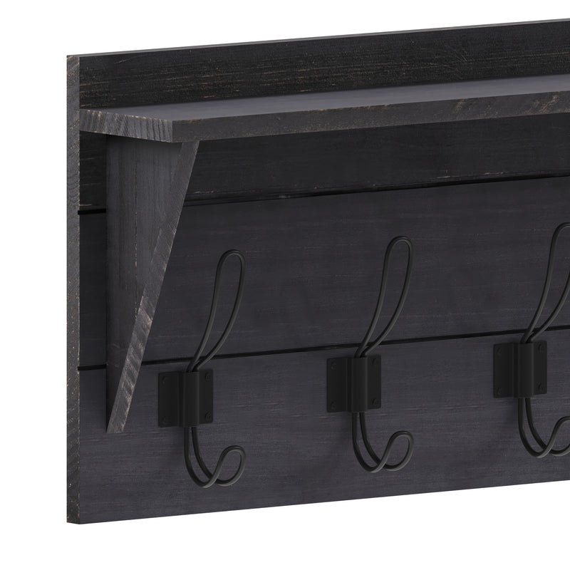 Enid Black Wash Pine Wood 24 Inch Wall Mount Storage Rack with Hanging Hooks and Upper Display Shelf