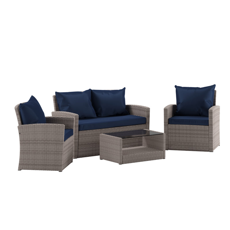 Atlas 4 Piece Patio Set Contemporary Loveseat, 2 Chair and Coffee Table Set with  Back Pillows and Seat Cushions