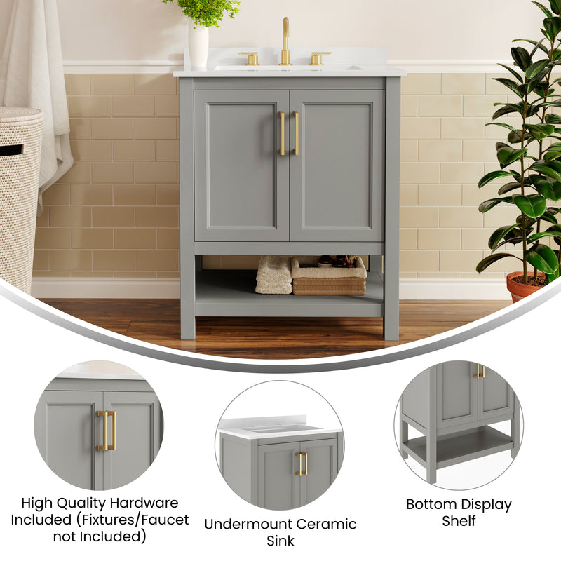 Vigo 30 Inch Bathroom Vanity with Ceramic Sink, Carrara Marble Finish Countertop, Storage Cabinet with Soft Close Doors and Open Shelf