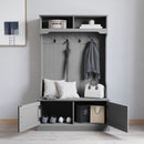 Wallen Hallway Tree with Bench Seating, 4 Double Coat Hooks, Upper Storage and Double Door Under Bench Storage in Gray