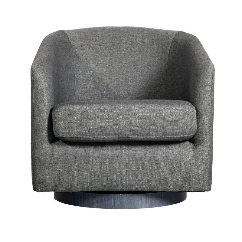 Caro Fabric Upholstered Club Style Barrel Chair with Sloped Armrests and 360 Degree Swivel Base in a Woodgrain Vinyl Wrap