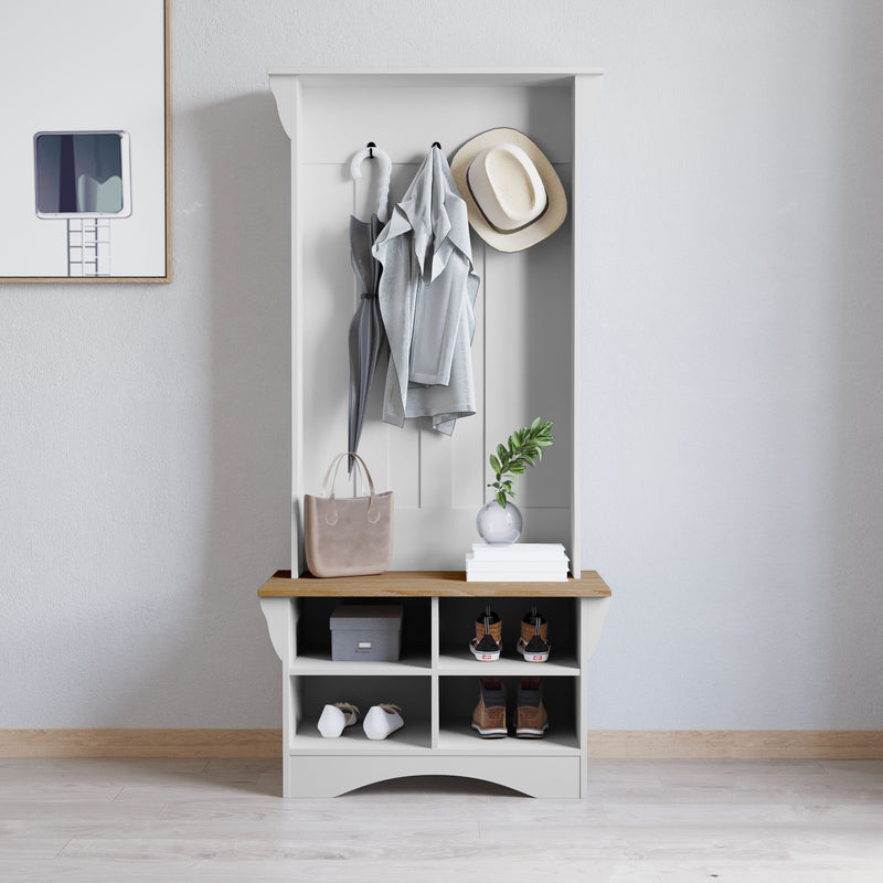 Whitman Hallway Tree with Bench Seating, 3 Single Coat Hooks and Lower Storage with Adjustable Shelves