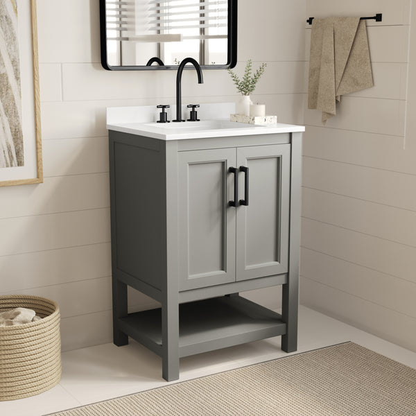 Vigo 24 Inch Bathroom Vanity with Ceramic Sink, Carrara Marble Finish Countertop, Storage Cabinet with Soft Close Doors and Open Shelf