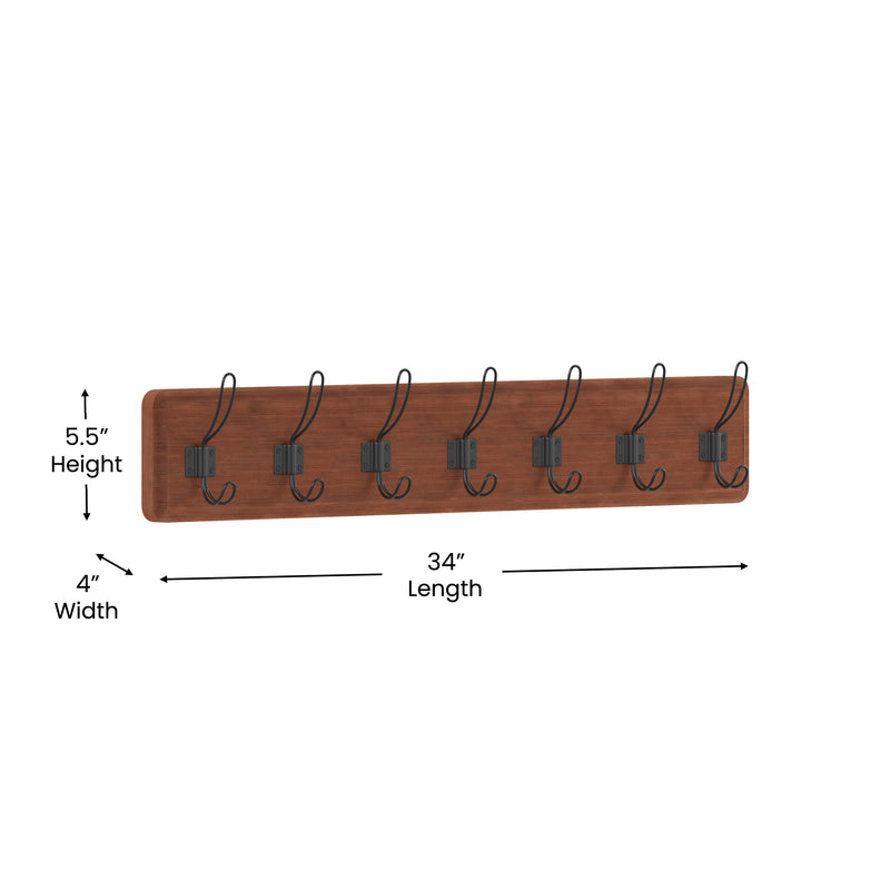Enid 34 Inch Wall Mount Pine Wood Storage Rack with Hanging Hooks, Entryway, Kitchen, Bathroom