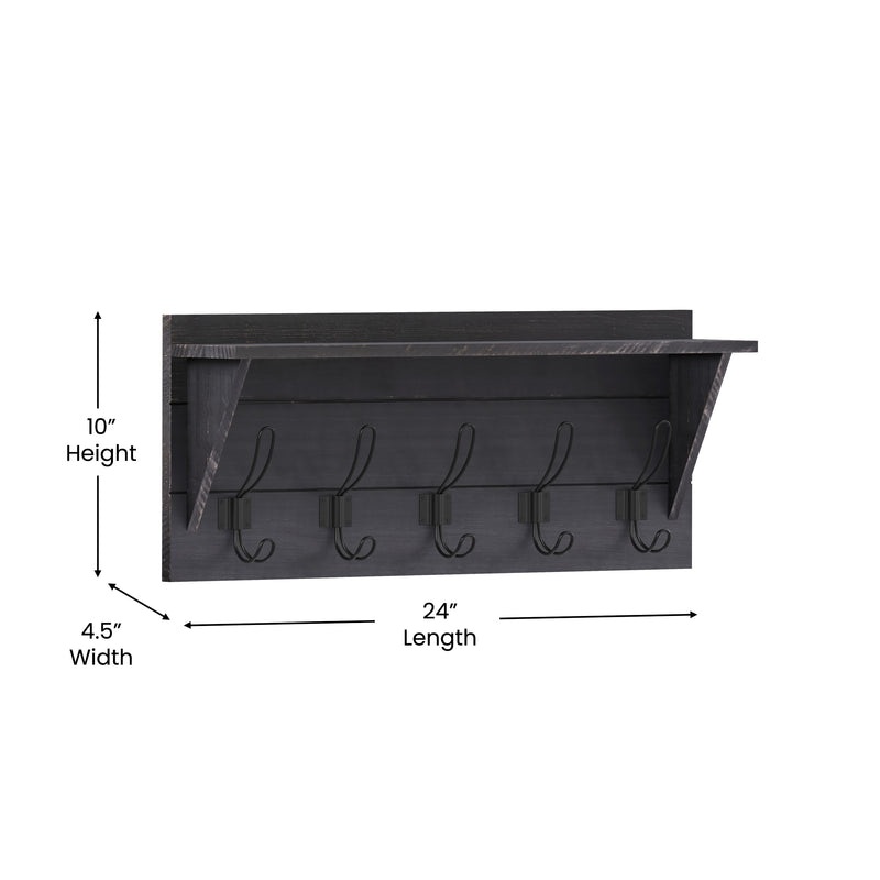 Enid Black Wash Pine Wood 24 Inch Wall Mount Storage Rack with Hanging Hooks and Upper Display Shelf