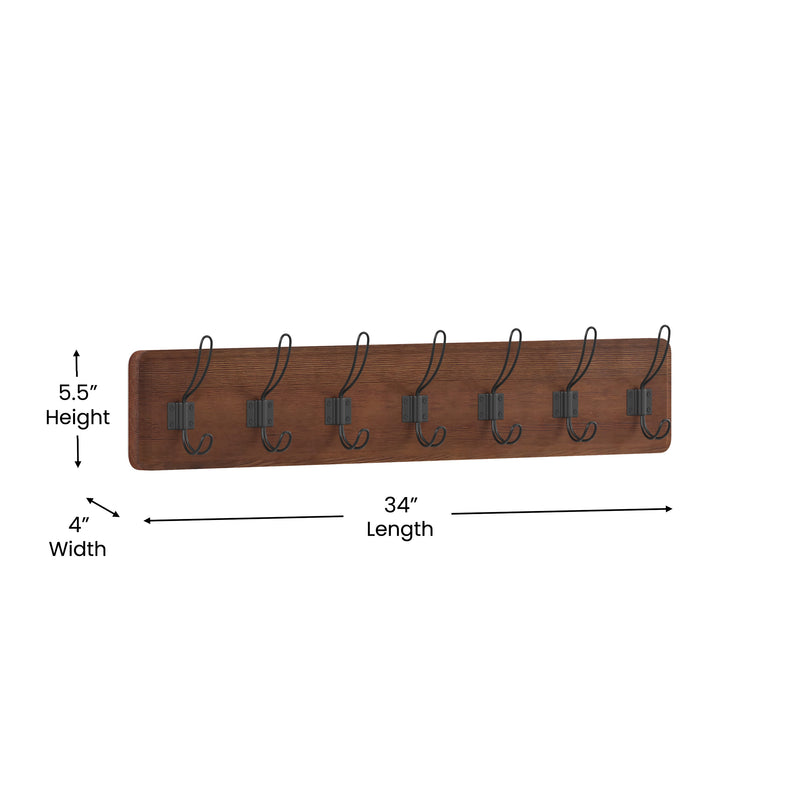 Enid 34 Inch Wall Mount Pine Wood Storage Rack with Hanging Hooks, Entryway, Kitchen, Bathroom