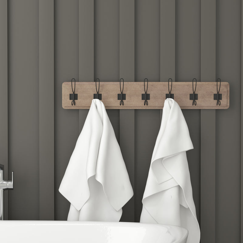 Enid 34 Inch Wall Mount Pine Wood Storage Rack with Hanging Hooks, Entryway, Kitchen, Bathroom