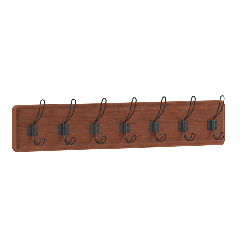 Enid 34 Inch Wall Mount Pine Wood Storage Rack with Hanging Hooks, Entryway, Kitchen, Bathroom