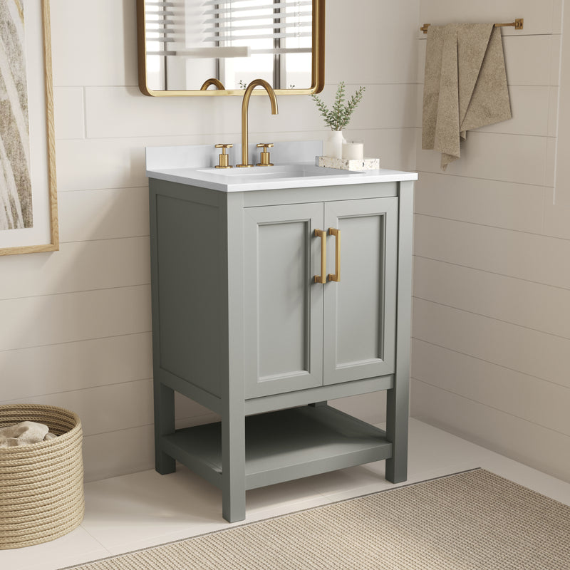 Vigo 24 Inch Bathroom Vanity with Ceramic Sink, Carrara Marble Finish Countertop, Storage Cabinet with Soft Close Doors and Open Shelf