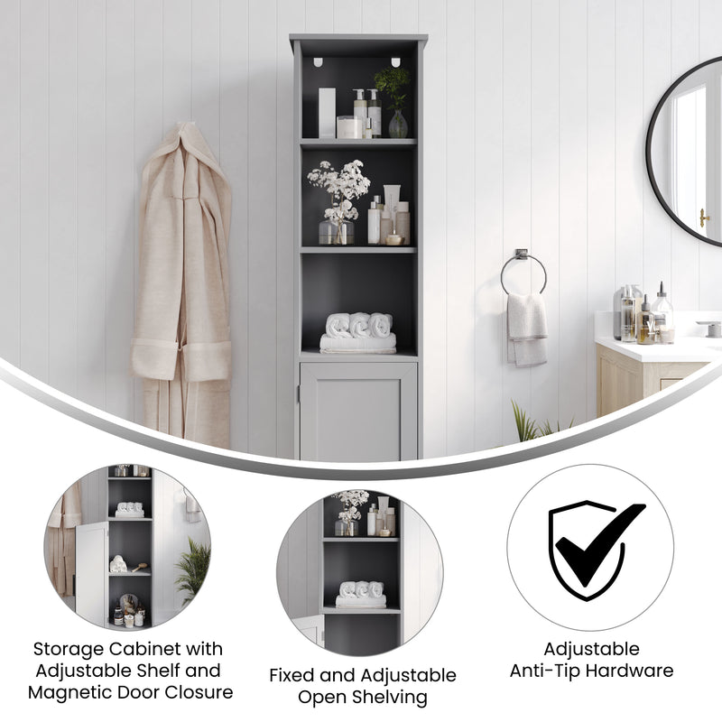 Vigo Slim Linen Tower Organizer with 2 Adjustable Cabinet Shelves, 3 Open Shelves, and Magnetic Closure Doors