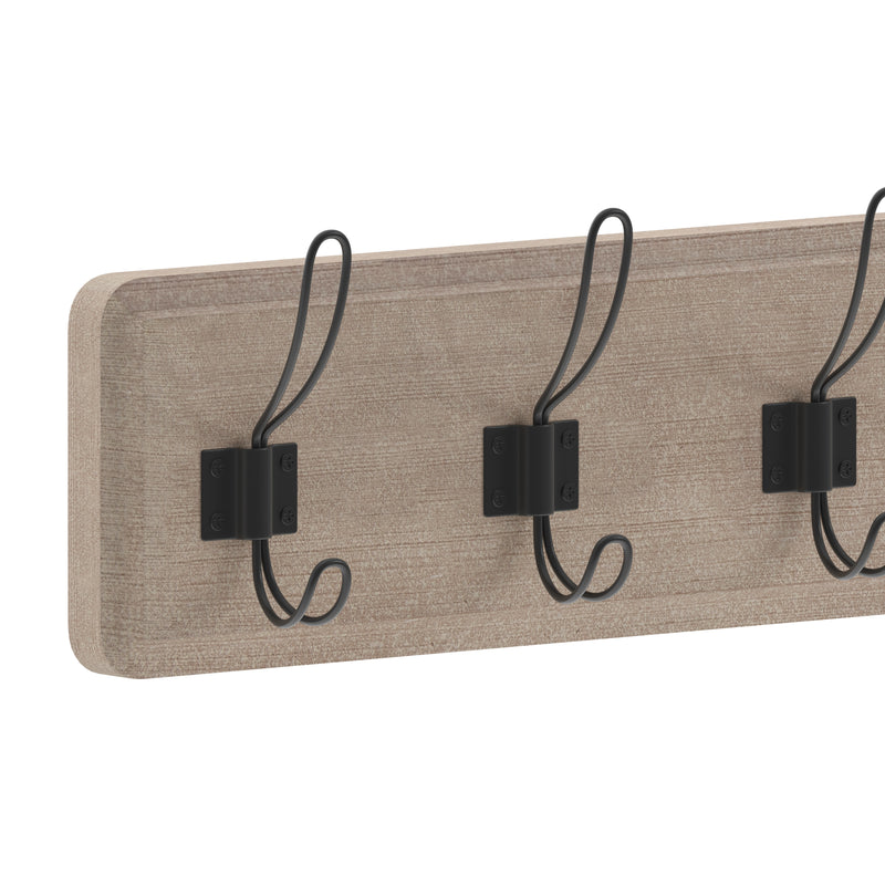 Enid 34 Inch Wall Mount Pine Wood Storage Rack with Hanging Hooks, Entryway, Kitchen, Bathroom