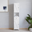 Delilah Slim Linen Tower Organizer with Storage Drawer, Upper and Lower Cabinets with Magnetic Closure Doors and Open Shelf