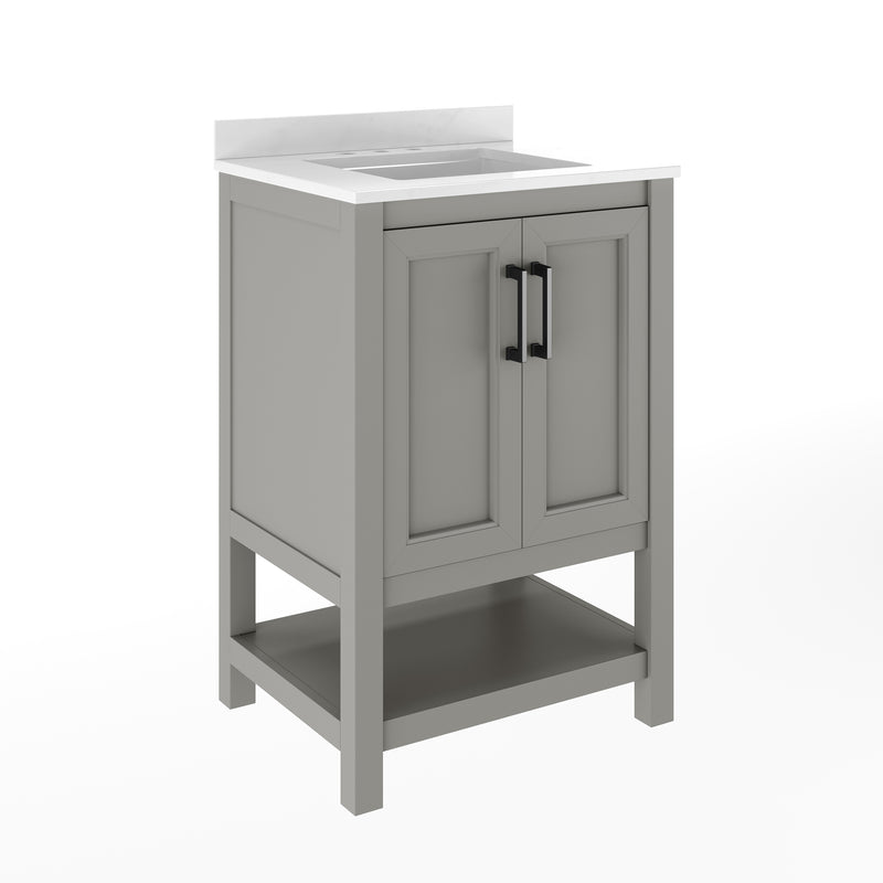 Vigo 24 Inch Bathroom Vanity with Ceramic Sink, Carrara Marble Finish Countertop, Storage Cabinet with Soft Close Doors and Open Shelf