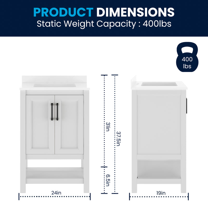 Vigo 24 Inch Bathroom Vanity with Ceramic Sink, Carrara Marble Finish Countertop, Storage Cabinet with Soft Close Doors and Open Shelf