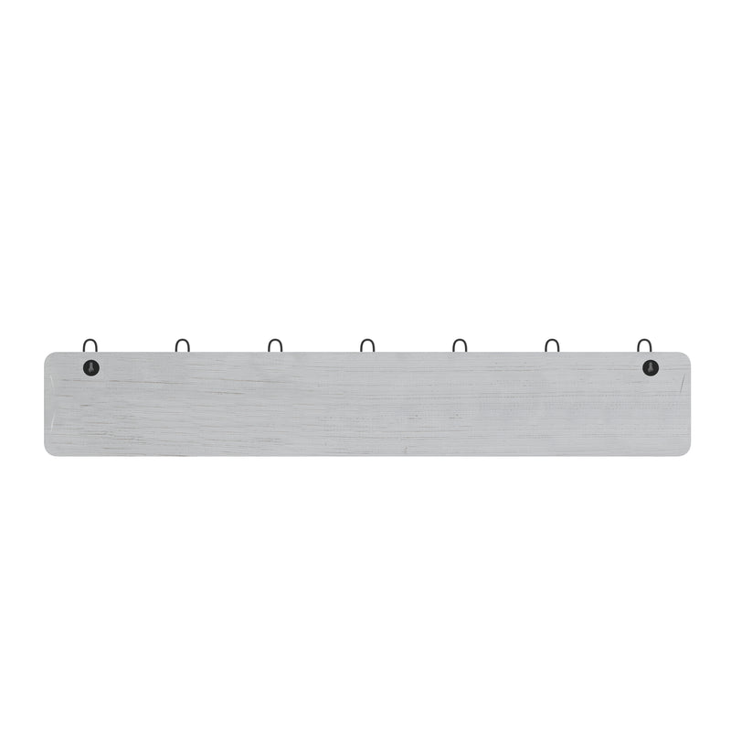 Enid 34 Inch Wall Mount Pine Wood Storage Rack with Hanging Hooks, Entryway, Kitchen, Bathroom