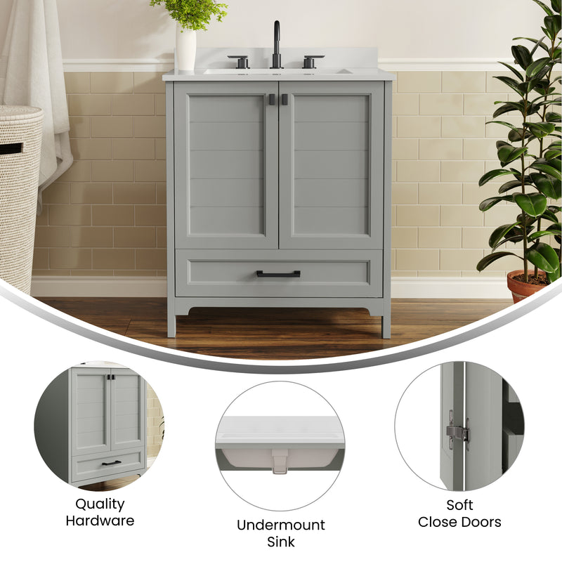 Argos 30 Inch Single Sink Bathroom Vanity with Undermount Basin, Soft-Close Cabinet, Easy-Glide Drawer, and Carrara Marble Finish Countertop