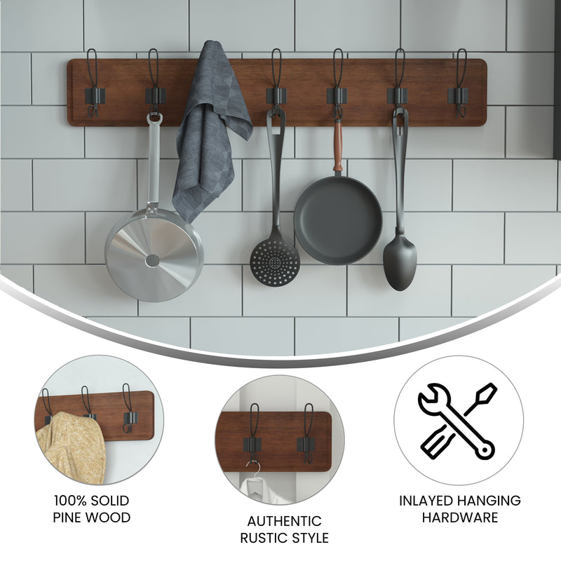 Enid 34 Inch Wall Mount Pine Wood Storage Rack with Hanging Hooks, Entryway, Kitchen, Bathroom