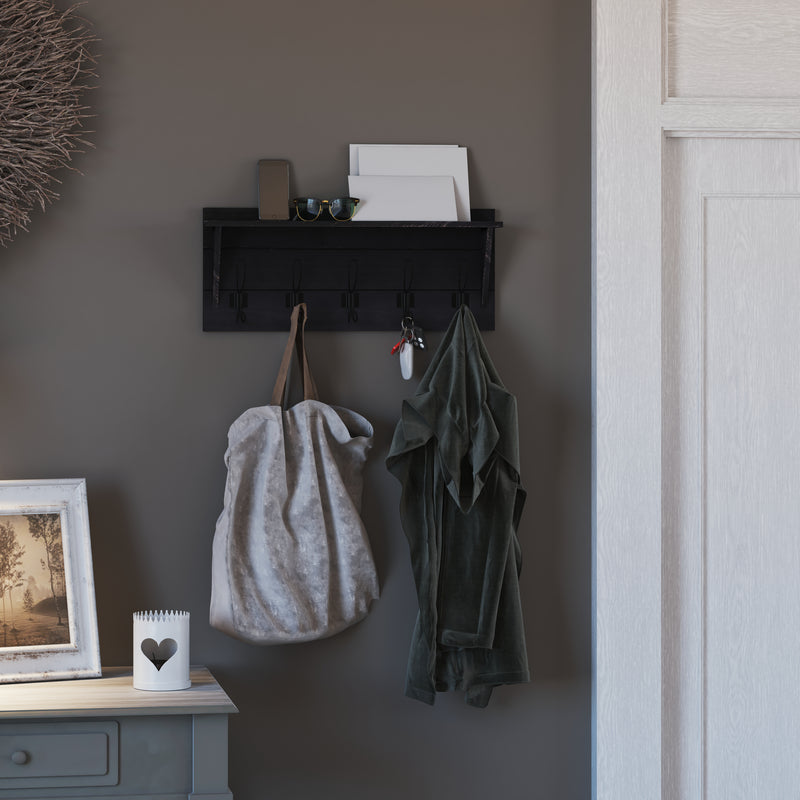 Enid Black Wash Pine Wood 24 Inch Wall Mount Storage Rack with Hanging Hooks and Upper Display Shelf