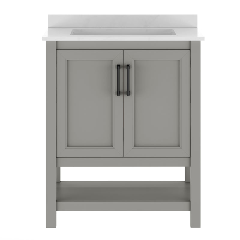Vigo 30 Inch Bathroom Vanity with Ceramic Sink, Carrara Marble Finish Countertop, Storage Cabinet with Soft Close Doors and Open Shelf