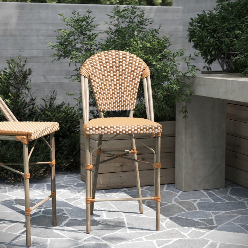 Celia Set of Two Indoor/Outdoor Stacking French Bistro Counter Stools with Natural and White Patterned Seats and Backs & Light Natural Metal Frames