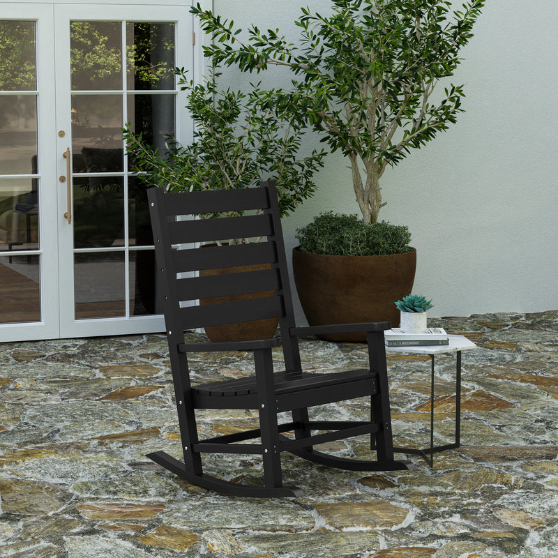 Fielder Contemporary Rocking Chair, All-Weather HDPE Indoor/Outdoor Rocker in Black