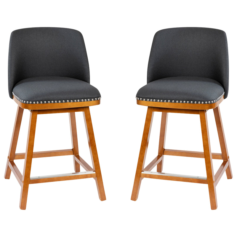 Ellie Set of 2 Charcoal Faux Linen Upholstered 24" Counter Stools with Nail Head Accent Trim and Walnut Wood Frames