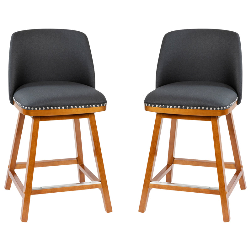 Ellie Set of 2 Charcoal Faux Linen Upholstered 24" Counter Stools with Nail Head Accent Trim and Walnut Wood Frames