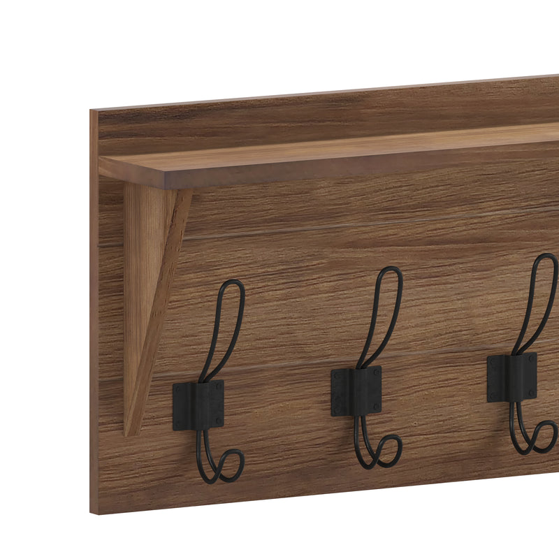 Enid Weathered Pine Wood 24 Inch Wall Mount Storage Rack with 5 Hooks and Upper Display Shelf