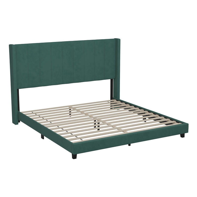 Sana Modern Emerald Velvet Upholstered Platform Bed Frame with Padded, Tufted Wingback Headboard and Wood Support Slats, No Box Spring Required