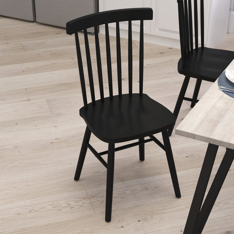 Torrin Set of Two Premium Solid Wood Spindle Back Dining Chairs in Black with Saddle Seats and Floor Protectant Felt Pads