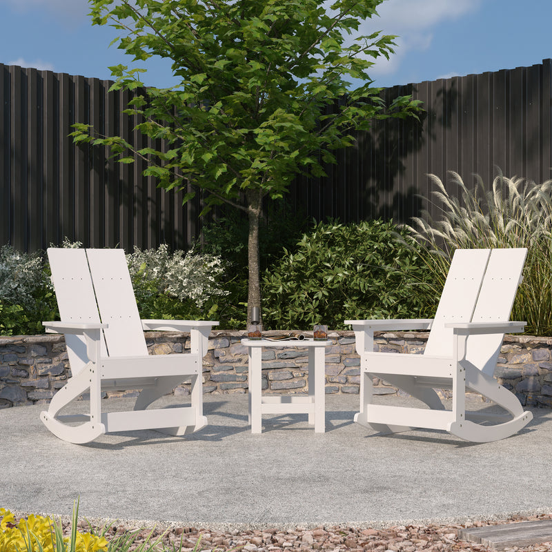 Wellington 3 Piece Patio Furniture Set Includes All-Weather UV Treated Adirondack Rocking Chairs and Side Table
