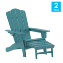 Nassau Adirondack Chair with Cup Holder and Pull Out Ottoman, All-Weather HDPE Indoor/Outdoor Lounge Chair, Set of 2
