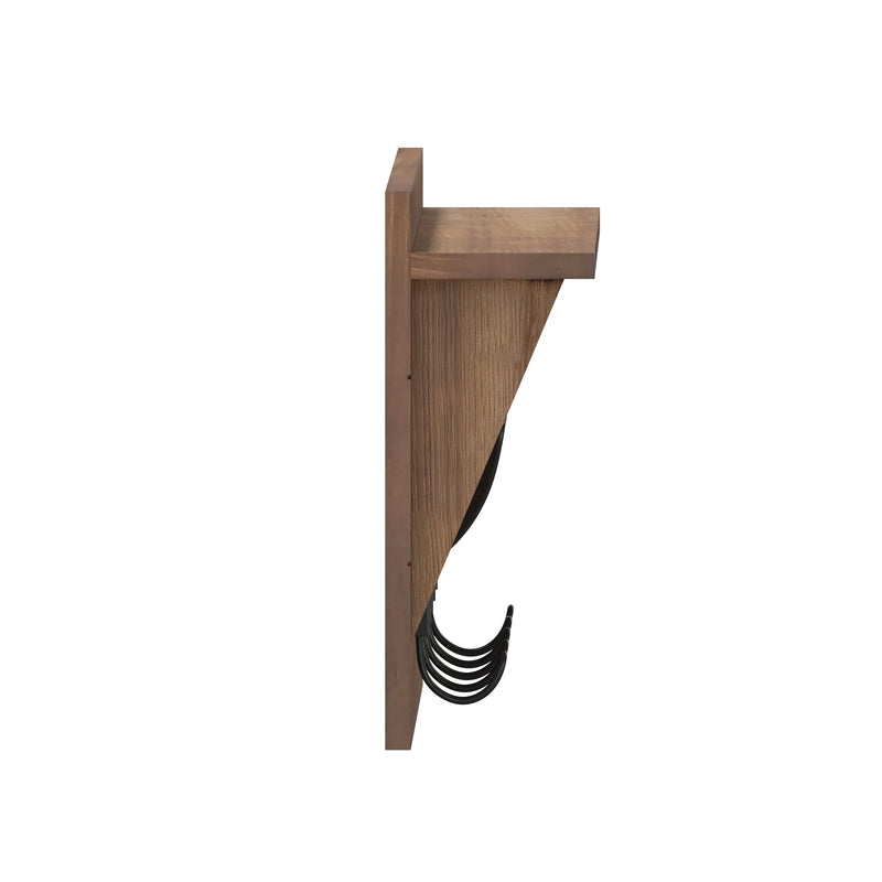 Enid Weathered Pine Wood 24 Inch Wall Mount Storage Rack with 5 Hooks and Upper Display Shelf
