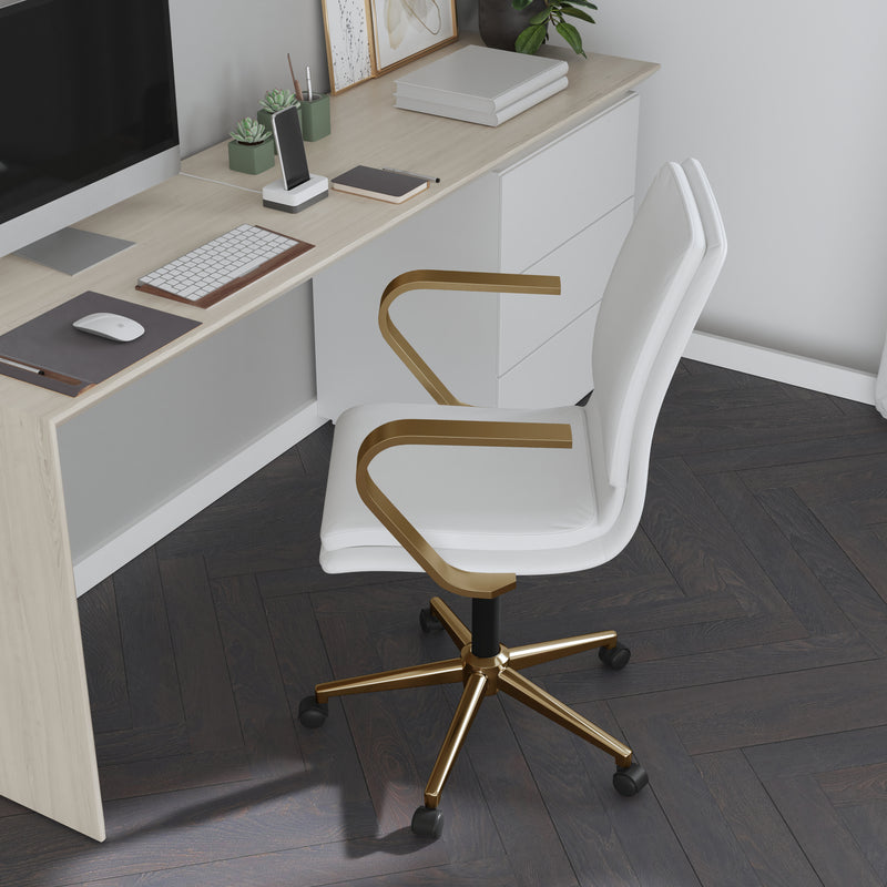 Artemis Mid-Back Home Office Chair with Armrests, Height Adjustable Swivel Seat and Five Star Gold Base, White Faux Leather
