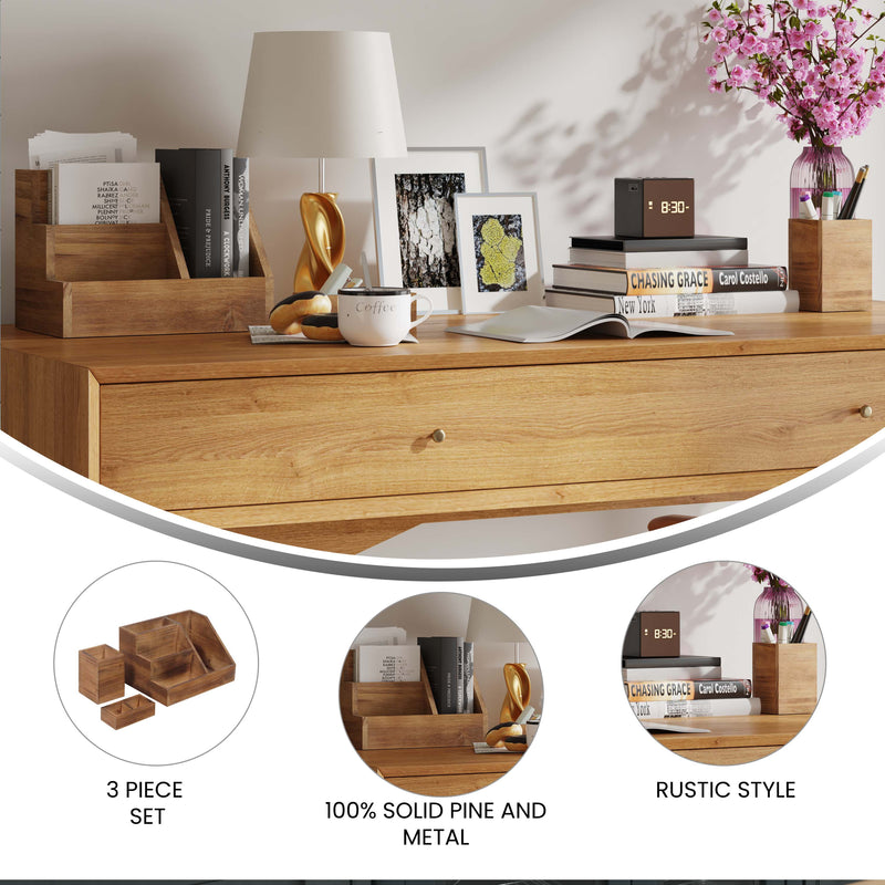 Ceely 3 Piece Wooden Desk Organizer Set for Desktop, Countertop, or Vanity in Rustic Brown