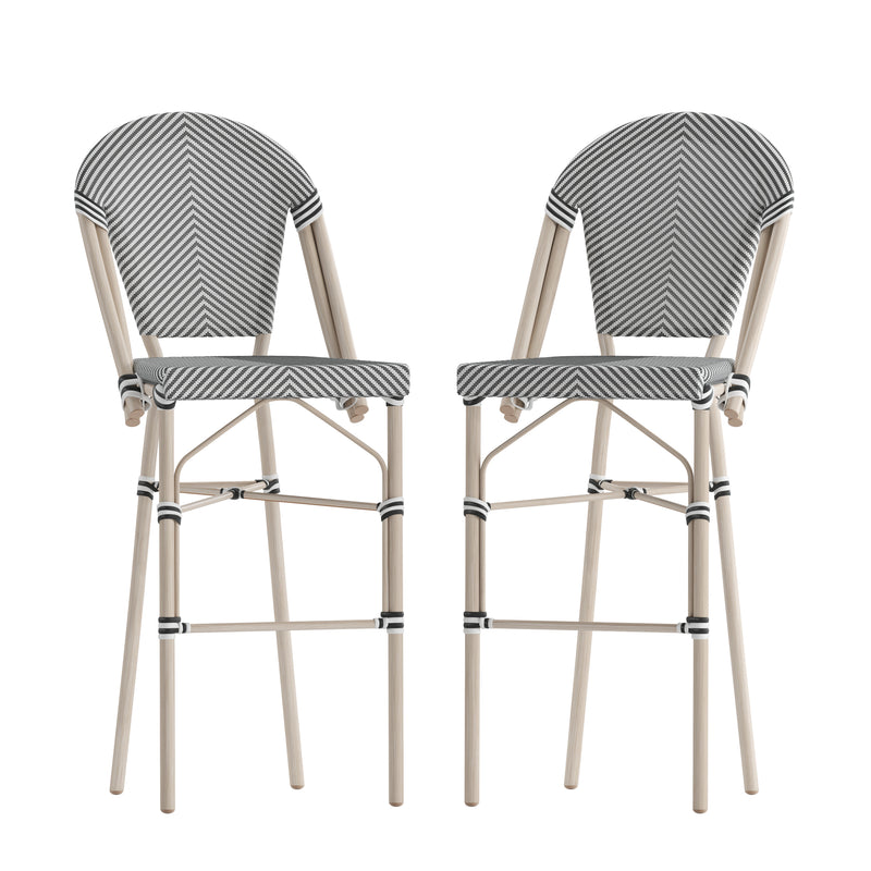 Mael Set of Two Stacking French Bistro Style Bar Stools with Black and White Textilene Seats and Light Bamboo Metal Frames for Indoor/Outdoor Use